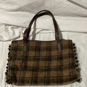 Falor brown wool bag with sequined end details ostrich handles euc